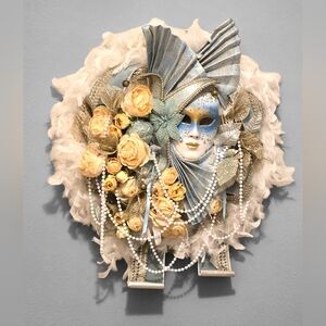 Venetian Carnival Wreath Wall Art Ice Blue Italian Made Mask